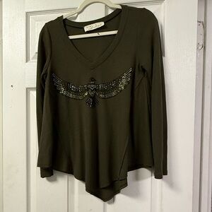 Vintage Havana Dark Green Embellished Long Sleeve Top